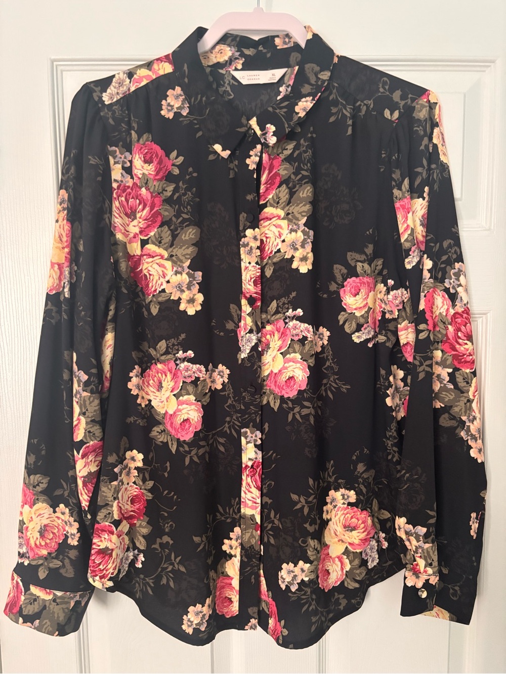 LC Lauren Conrad Black Floral Button-Up Blouse with Pink & Cream Roses